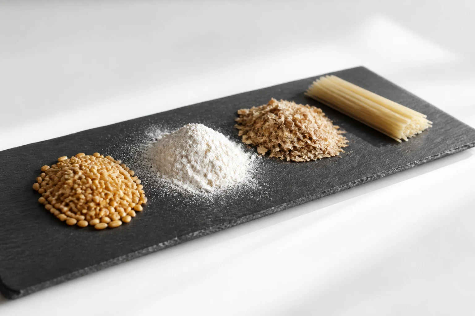 小麦、面粉、麦麸与挂面四种材料形态依次排列