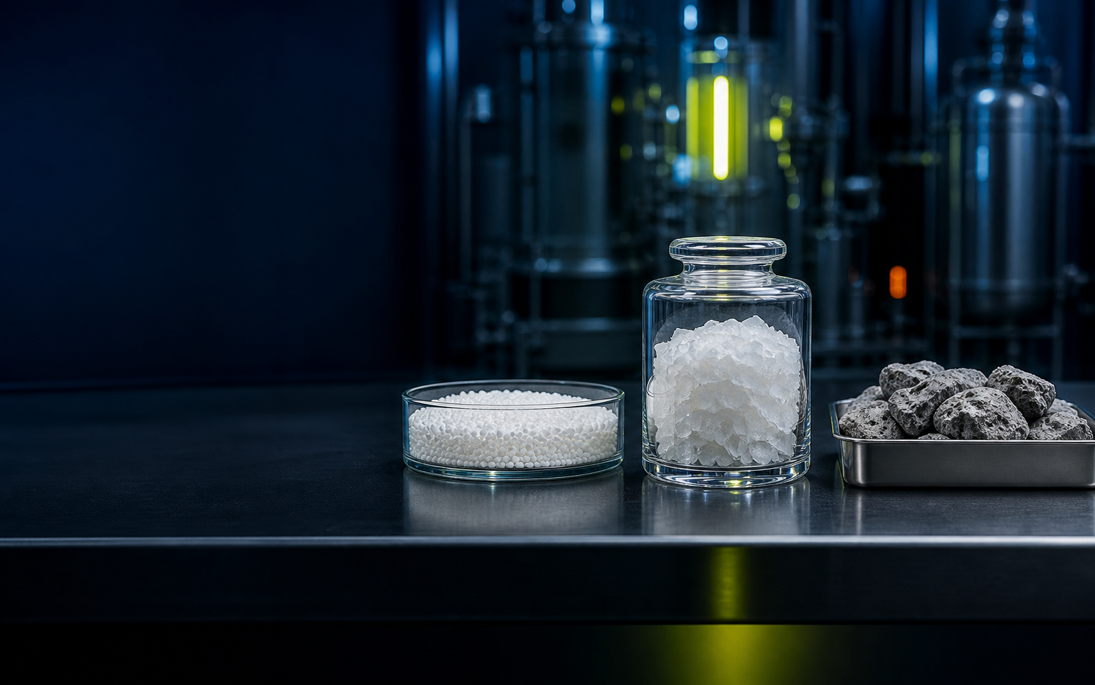 创意呈现：聚氯乙烯颗粒、烧碱形态与水泥熟料组成的材料化验台