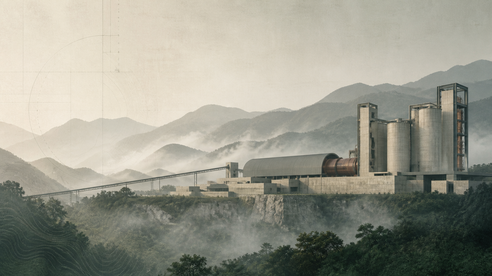 山地环境与抽象水泥工业构筑的创意画面