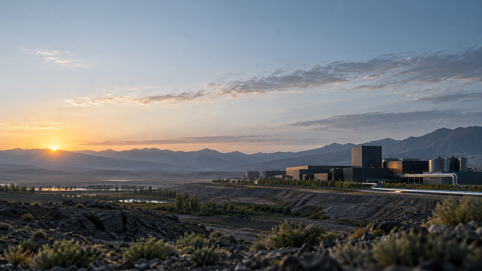 西北山地与低矮工业建筑形成的开阔地景