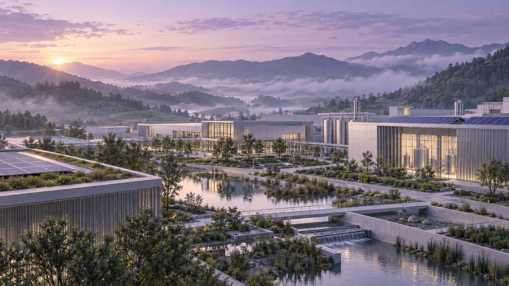 晨雾山地之间的现代材料制造园区与绿色景观