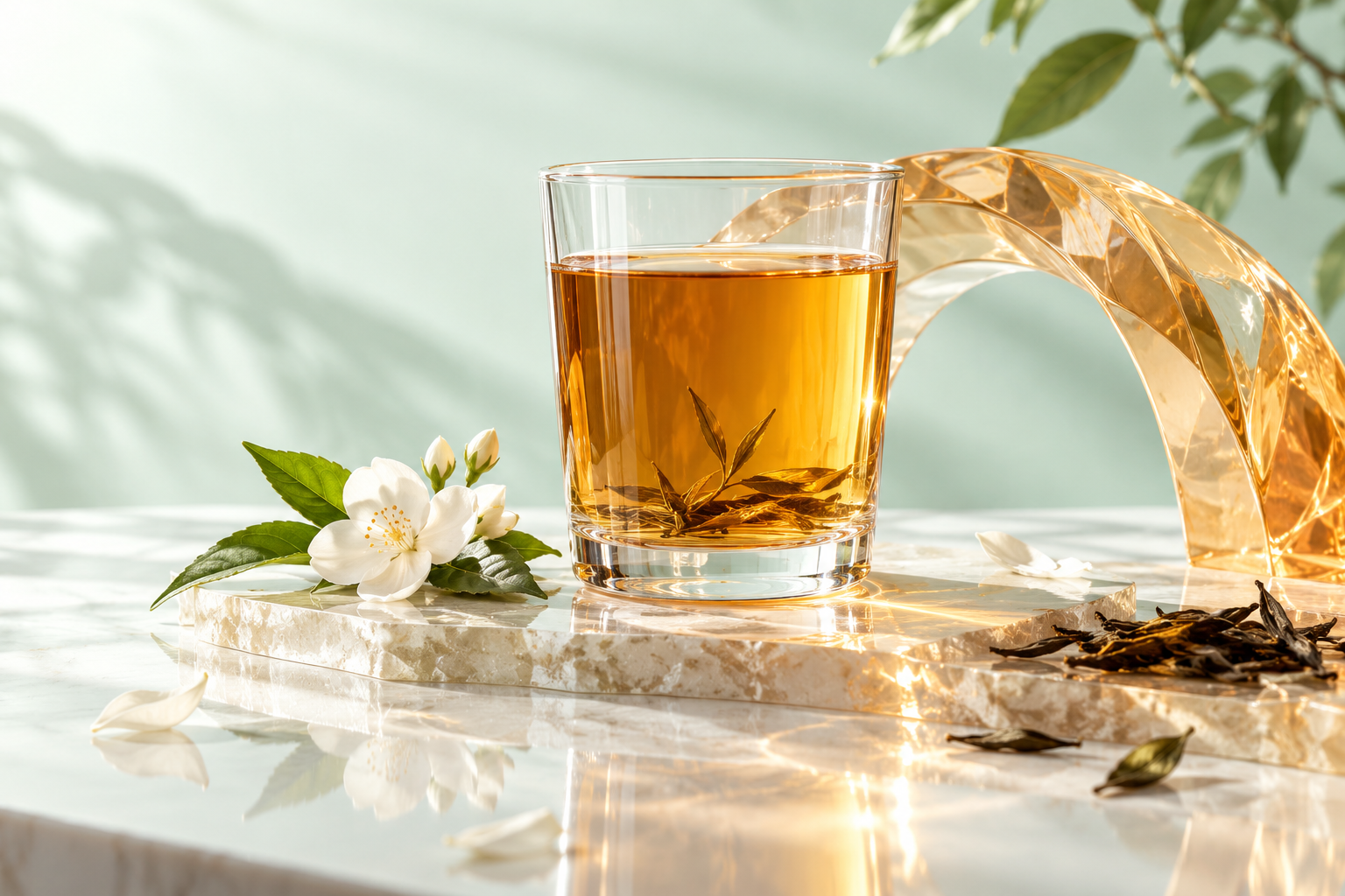 浅绿色光影中的琥珀茶色玻璃杯，旁有花叶形态与透明弧线