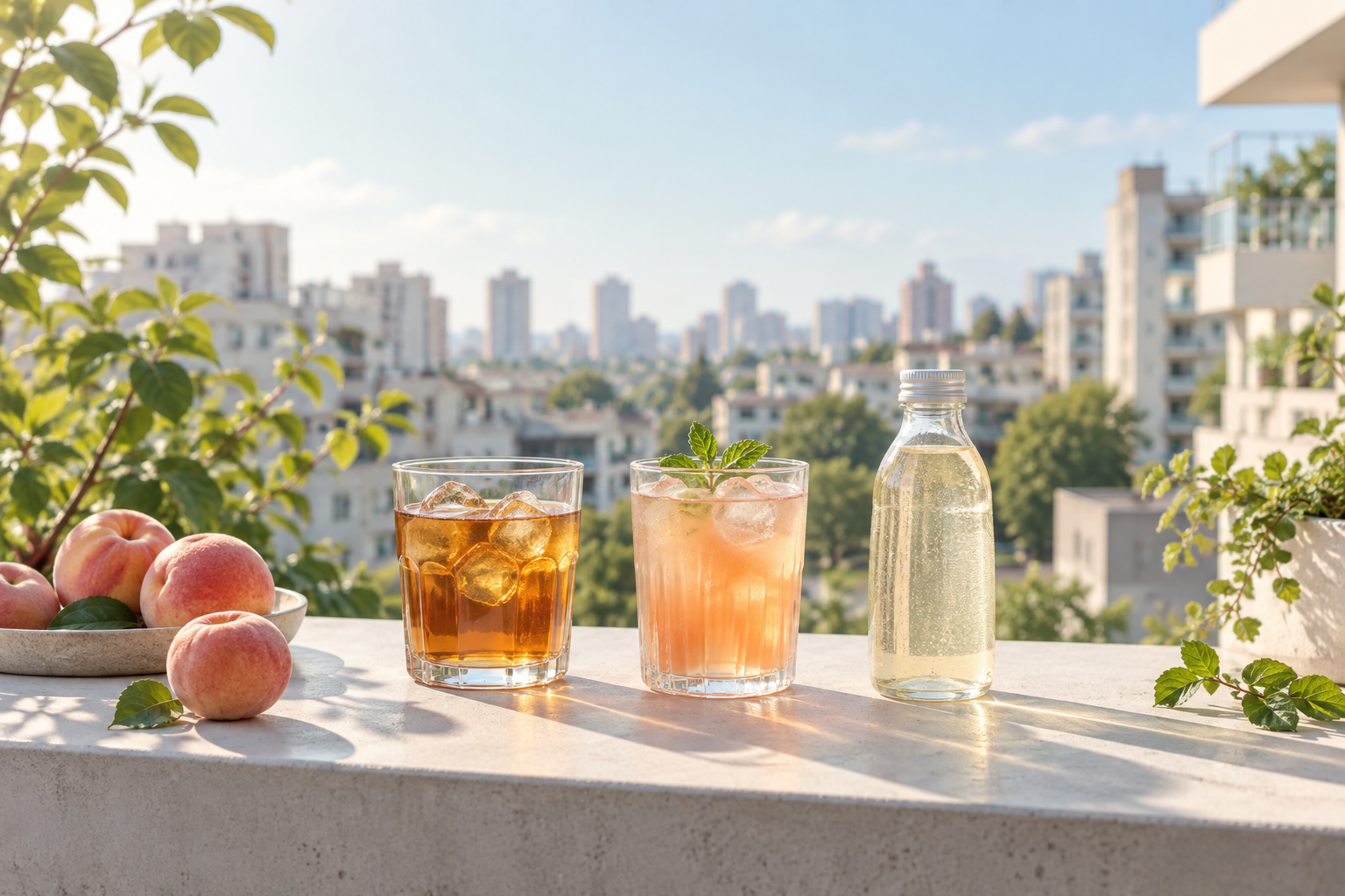 阳光下的城市露台，茶色与桃色饮品及透明瓶静置在浅色台面