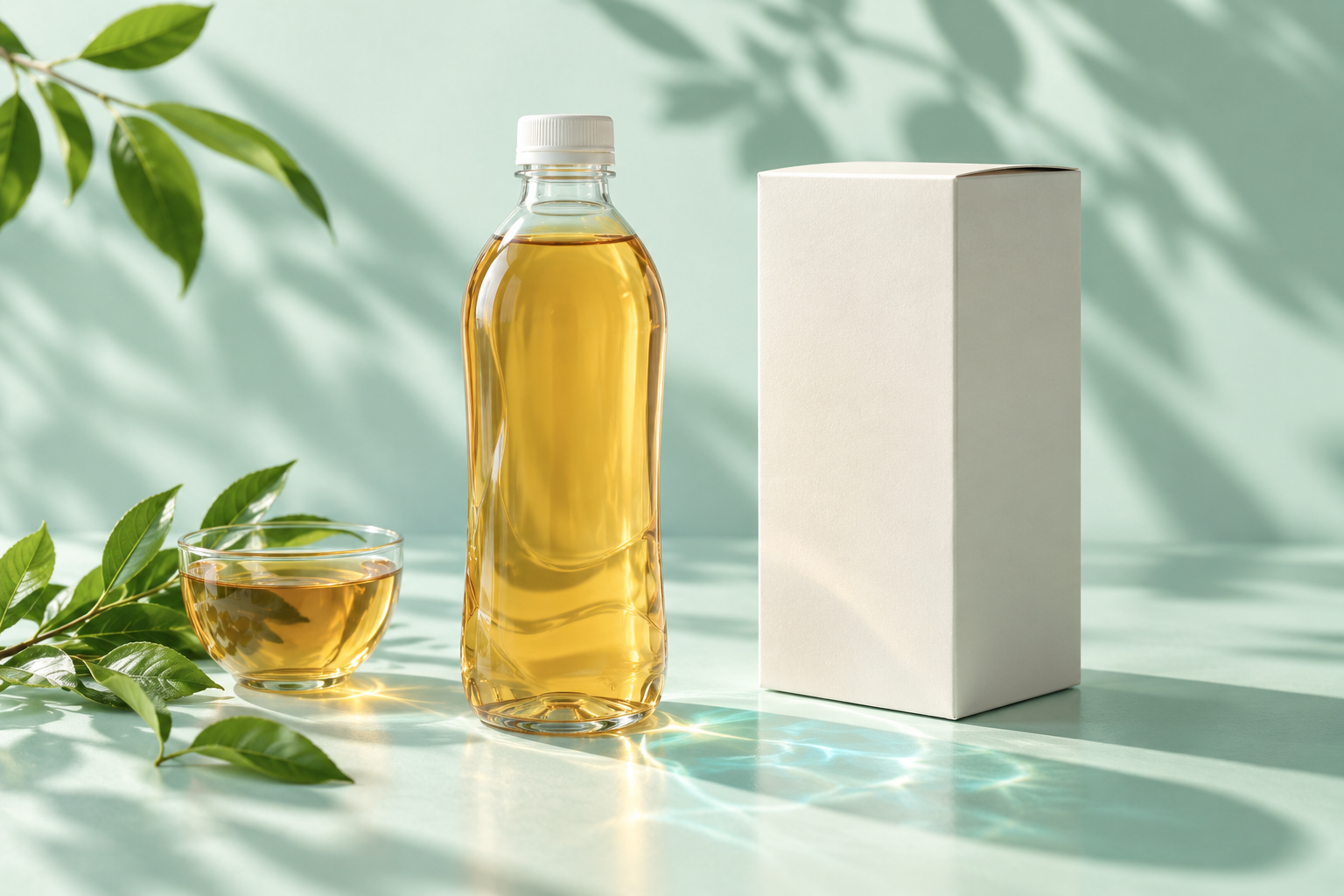 薄荷色光影下的无标识饮品瓶与纸盒，伴随叶形与玻璃折射