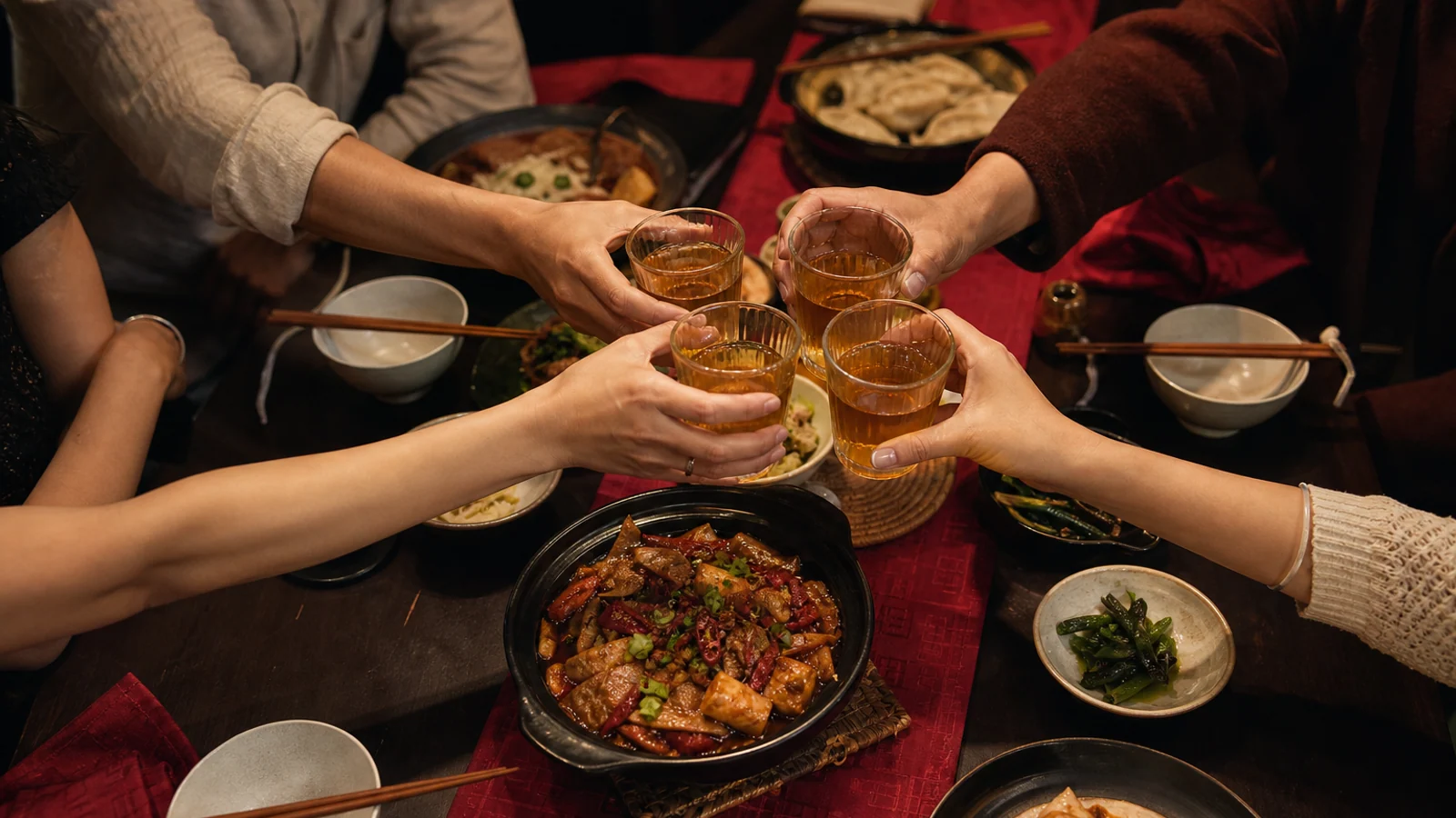 朋友聚餐举杯分享琥珀色饮料的温暖场景